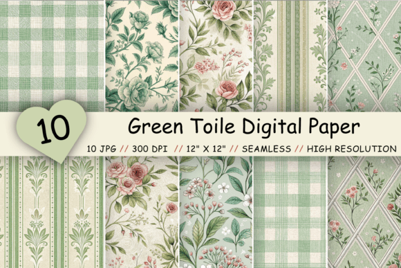 Download Green Toile Digital Paper Pack, Vintage - Vintage Collection